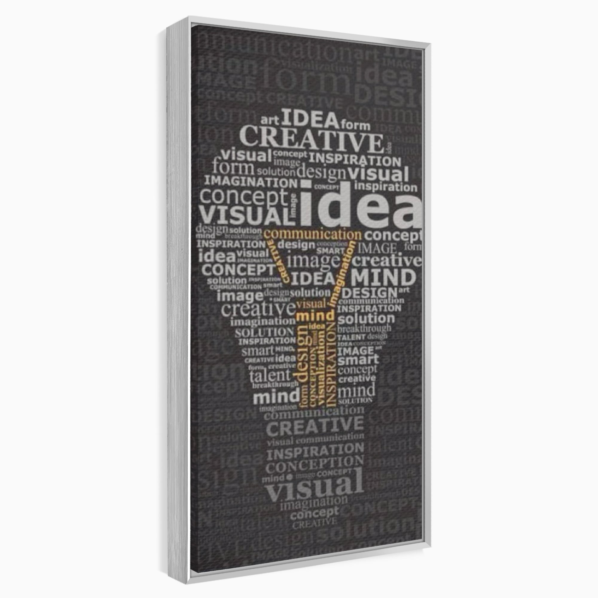 Tablou canvas cu tablou canvas cu silueta de bec formata din cuvinte, in rama de aluminiu argintiu